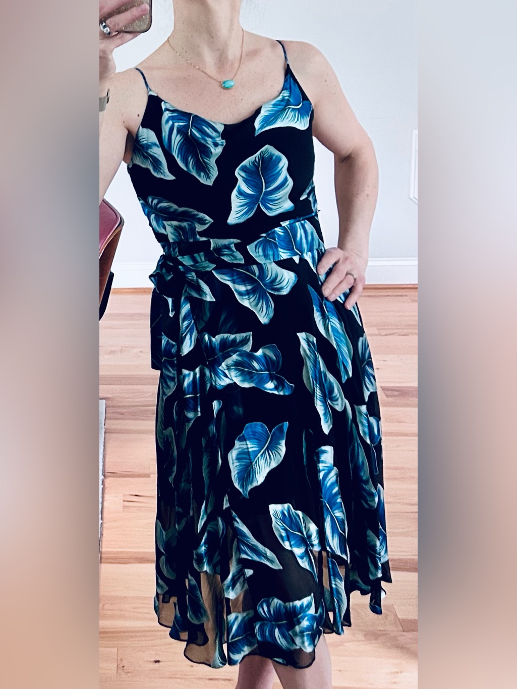 Alice + Olivia âNanâ Paradise Leaf Black Slip Dress With Blue Tropical Print